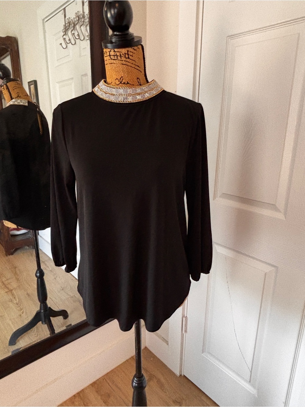 Moa Moa Black Long Sleeve Top with Embellished Gold Collar